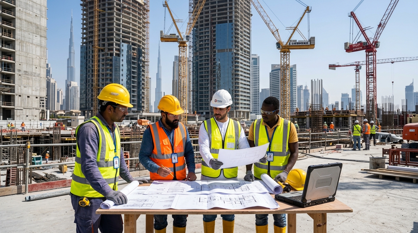 Dubai Construction Work & Overseas Jobs Master Guide 2026: Salaries (AED & INR), 25+ Trades, UAE Labour Law (Decree-Law 33/2021), MOHRE Employment Visa Roadmap, WPS & Camp Living